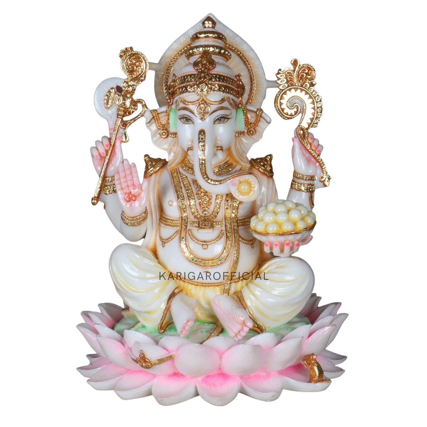 Ganesha Murti Statue Sitting on Lotus flower, Gold Leaf Ganpati Figurine, Large Marble Ganapati Idol Vinayak Deity, Large Indian White Elephant God, Housewarming Gifts Sculpture, (12 inches)