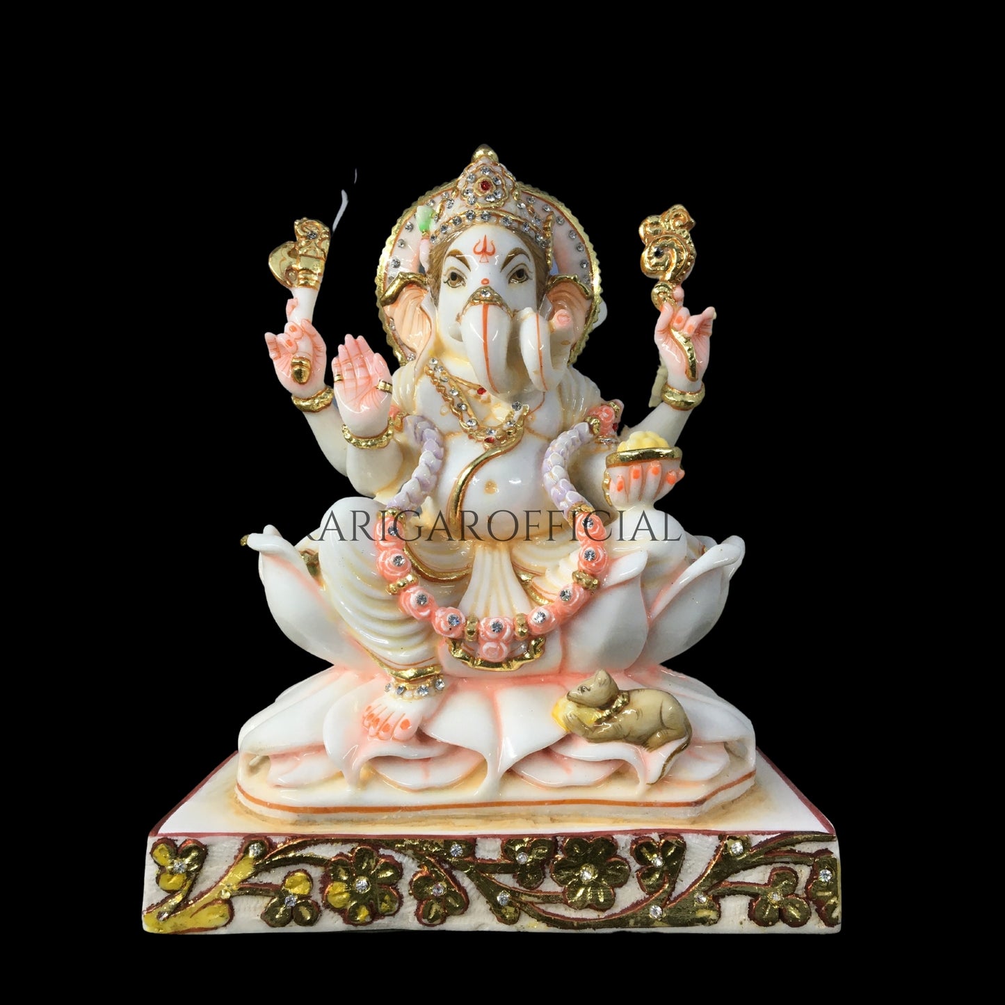 Estatua de Ganesha Murti sentada en una flor de loto - Figura grande de Ganpati con tachuelas de joyería de piedra de 12 pulgadas - Ídolo de Ganapati de mármol - Deidad Vinayak - Figura grande de dios elefante Escultura de regalos de inauguración
