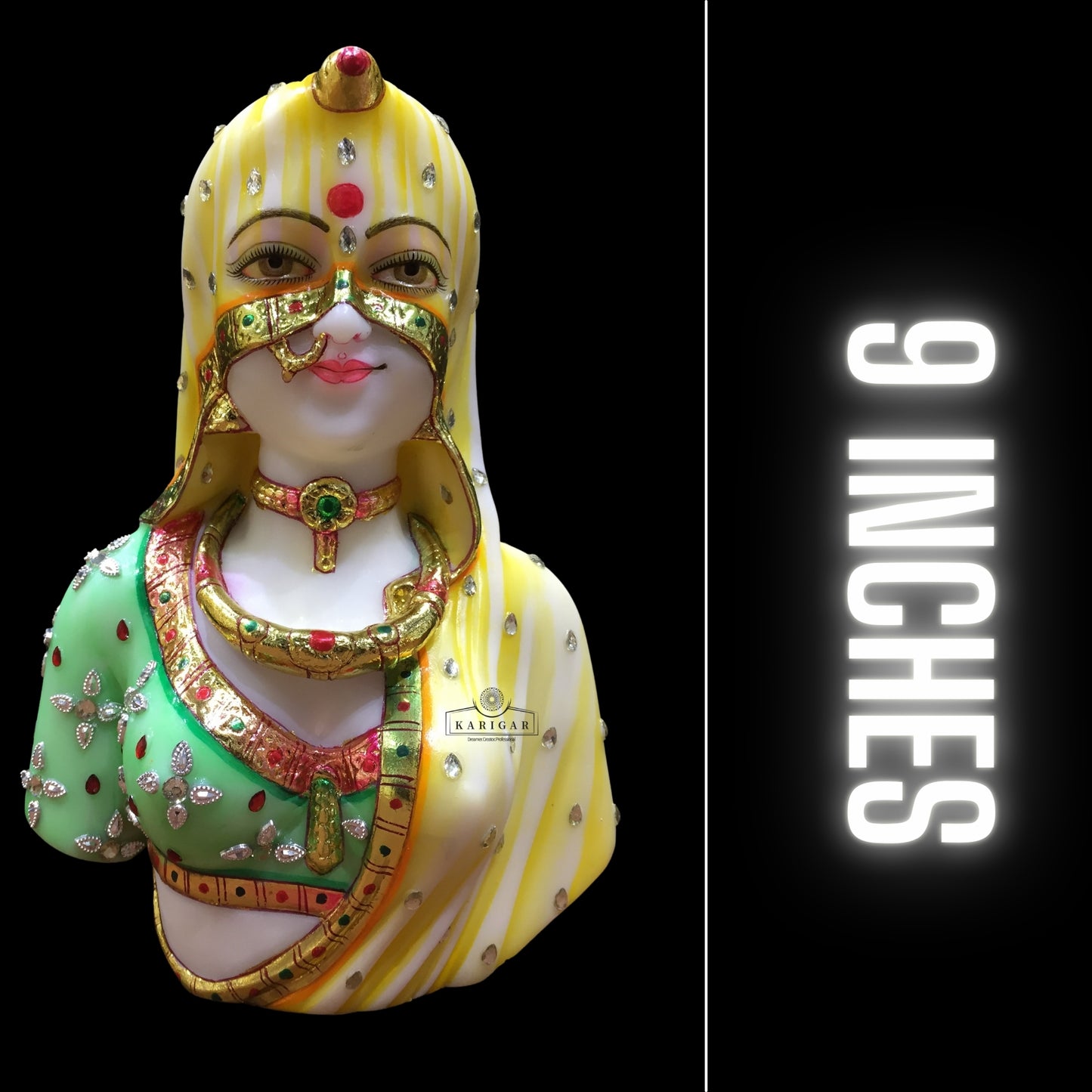 Estatua de busto de Bani Thani, Murti grande de 9 pulgadas, escultura de mármol del busto indio de Mona Lisa, busto tradicional de mujer india, figura de ropa de joyería multicolor, regalos para decoración del hogar y la oficina (verde) 