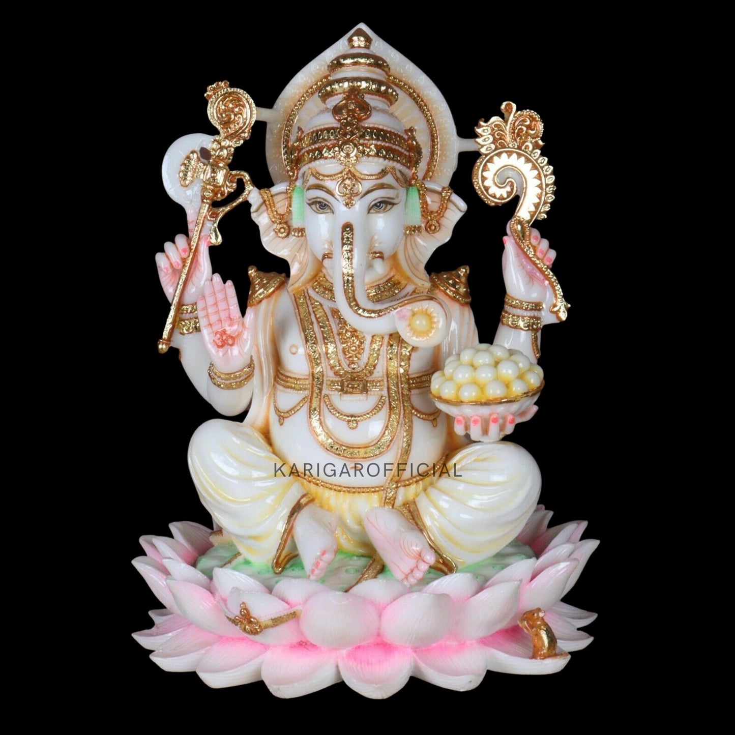 Ganesha Murti Statue Sitting on Lotus flower, Gold Leaf Ganpati Figurine, Large Marble Ganapati Idol Vinayak Deity, Large Indian White Elephant God, Housewarming Gifts Sculpture, (12 inches)