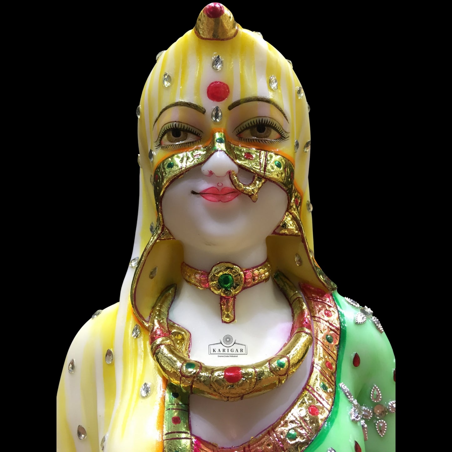 Estatua de busto de Bani Thani, Murti grande de 9 pulgadas, escultura de mármol del busto indio de Mona Lisa, busto tradicional de mujer india, figura de ropa de joyería multicolor, regalos para decoración del hogar y la oficina (verde) 
