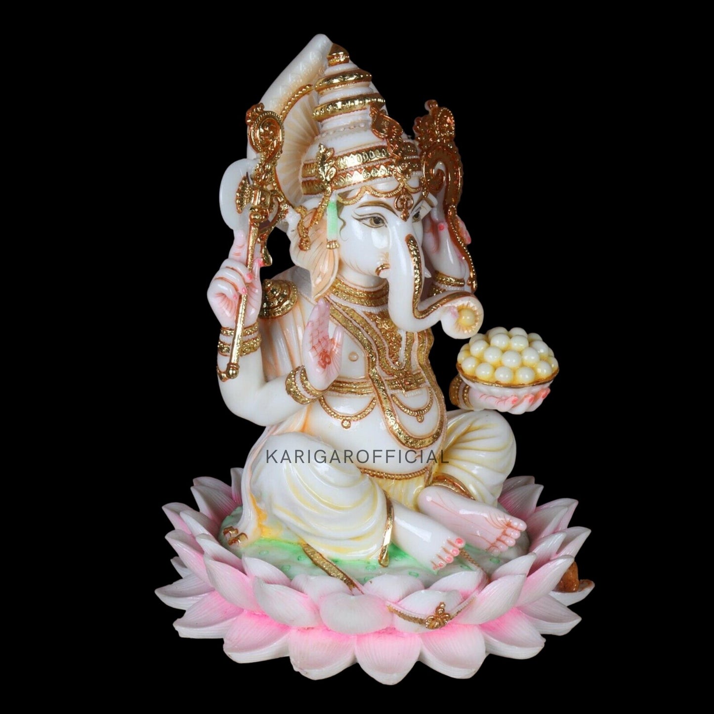 Ganesha Murti Statue Sitting on Lotus flower, Gold Leaf Ganpati Figurine, Large Marble Ganapati Idol Vinayak Deity, Large Indian White Elephant God, Housewarming Gifts Sculpture, (12 inches)