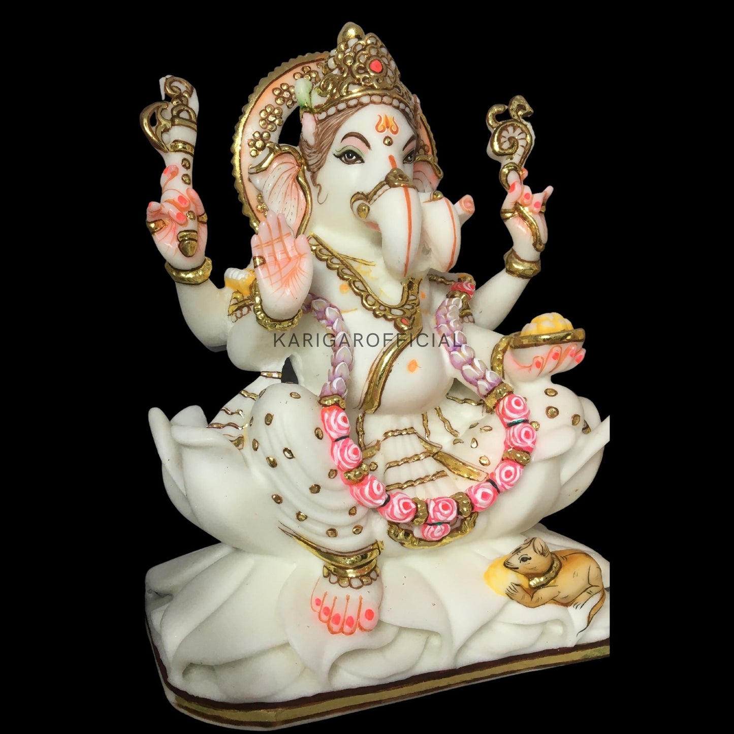 Ganesha Murti Statue, Large 12 inches White Marble Ganpati Figurine, Gold leaf Work Vinayak Deity Ganesha Statue Marble, Big White Elephant Head God Idol Home Decor Gift Sculpture Home First Ganesha