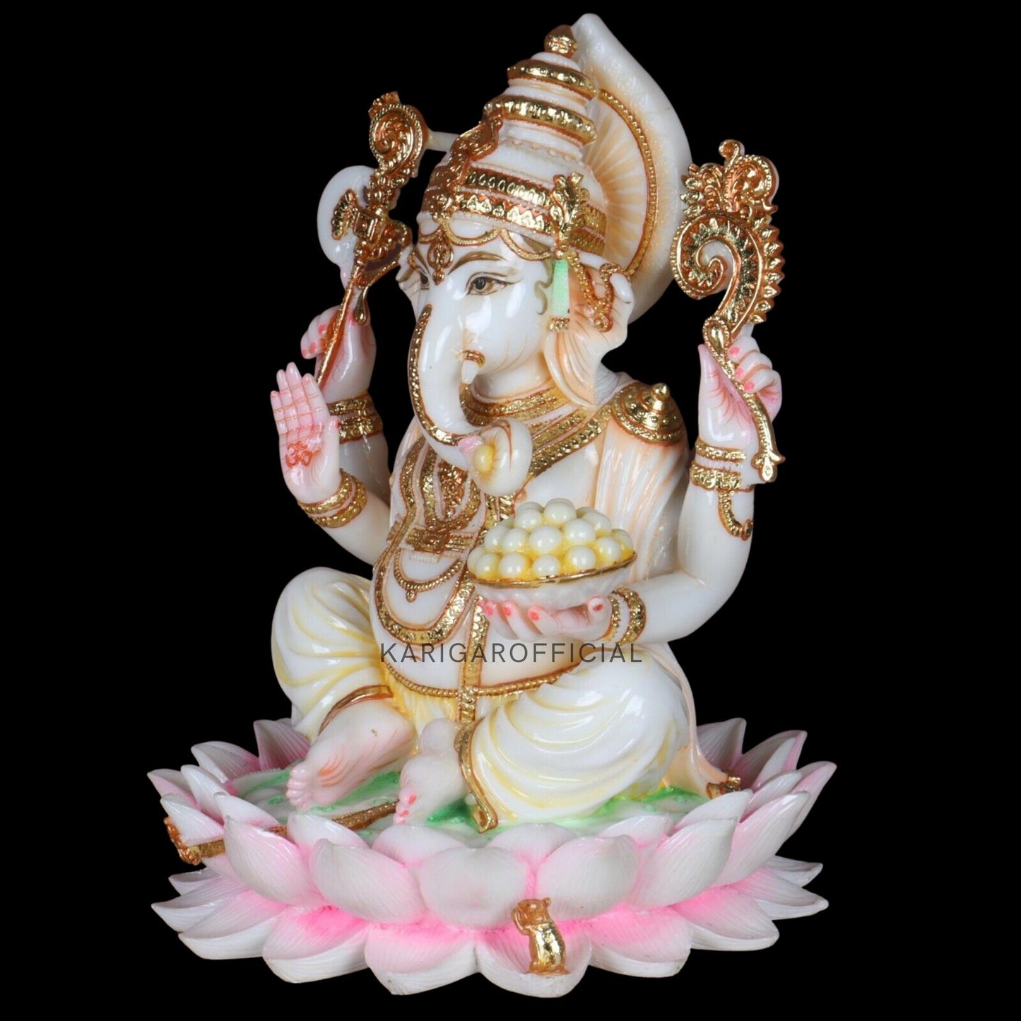 Ganesha Murti Statue Sitting on Lotus flower, Gold Leaf Ganpati Figurine, Large Marble Ganapati Idol Vinayak Deity, Large Indian White Elephant God, Housewarming Gifts Sculpture, (12 inches)