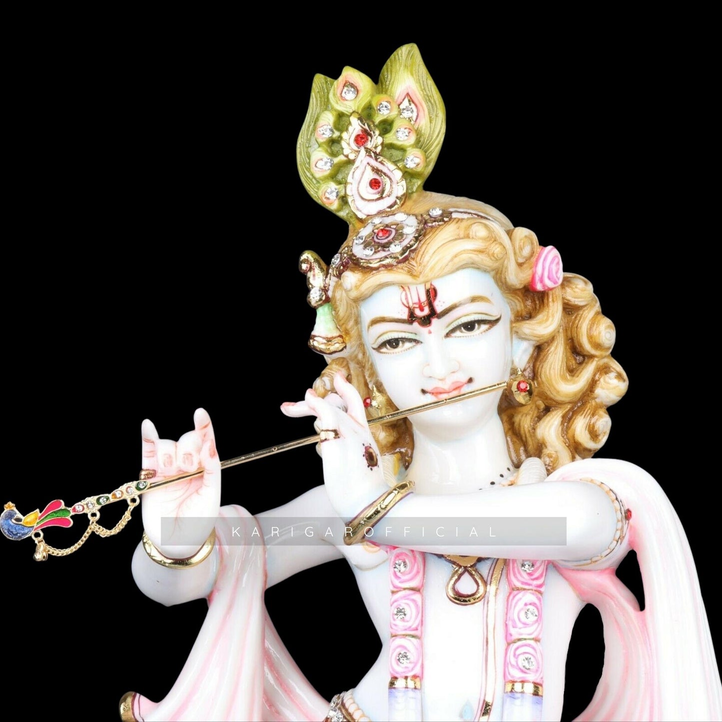 Estatua de Krishna, ídolo de Krishna rosa grande de 24 pulgadas, estatuilla de Krishna de mármol multicolor, dios hindú Murlimanohar Murti pintado a mano, escultura de Pooja del templo del hogar, regalos de aniversario de inauguración