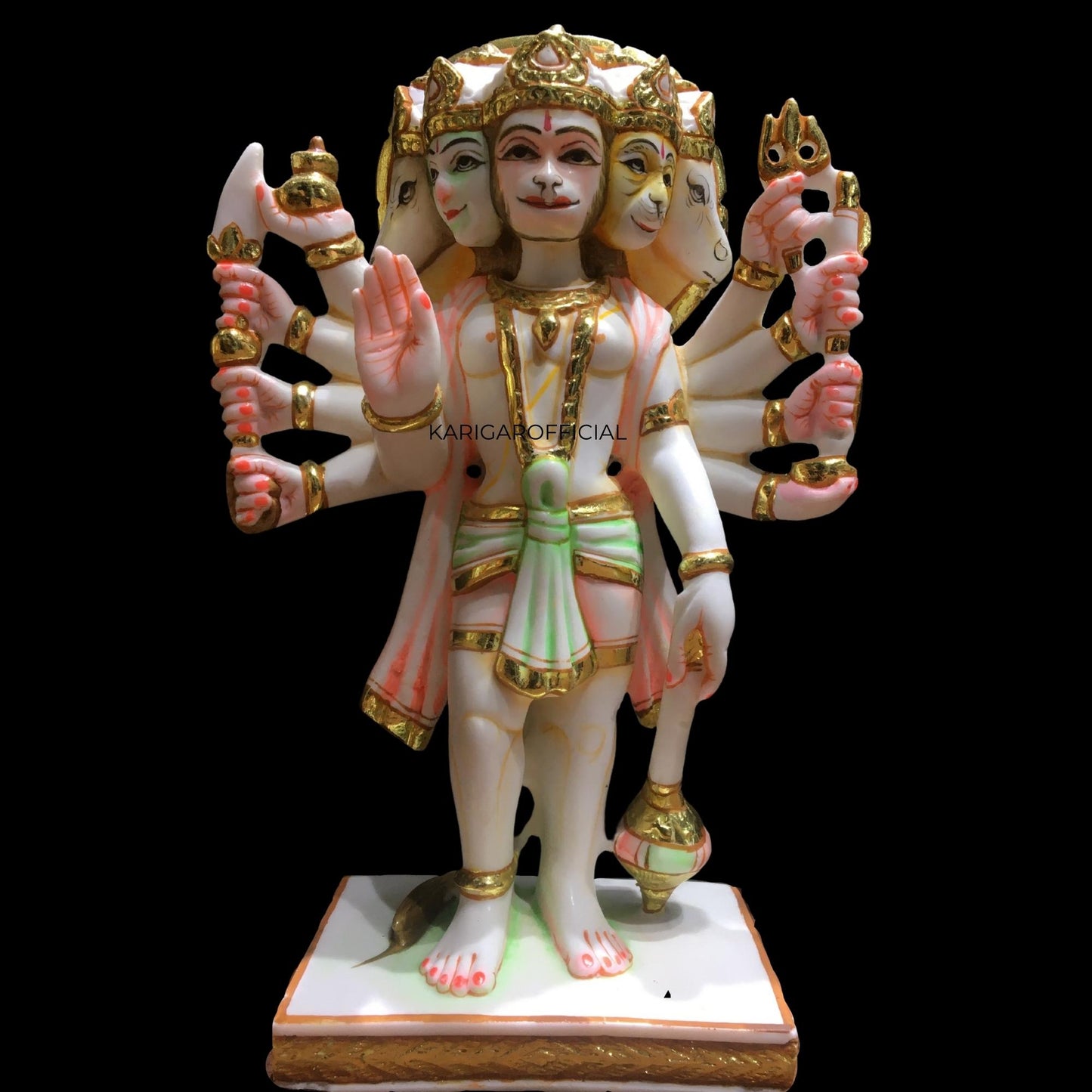 Panchmukhi Hanuman Statue, Multicolor 9 inches Hand Painted Marble Blessing 5 Faces Bajrang Bali Figurine, Powerlifter Hindu Monkey god of Devotion, Strength, Perfect for Small Home Temple Decoration