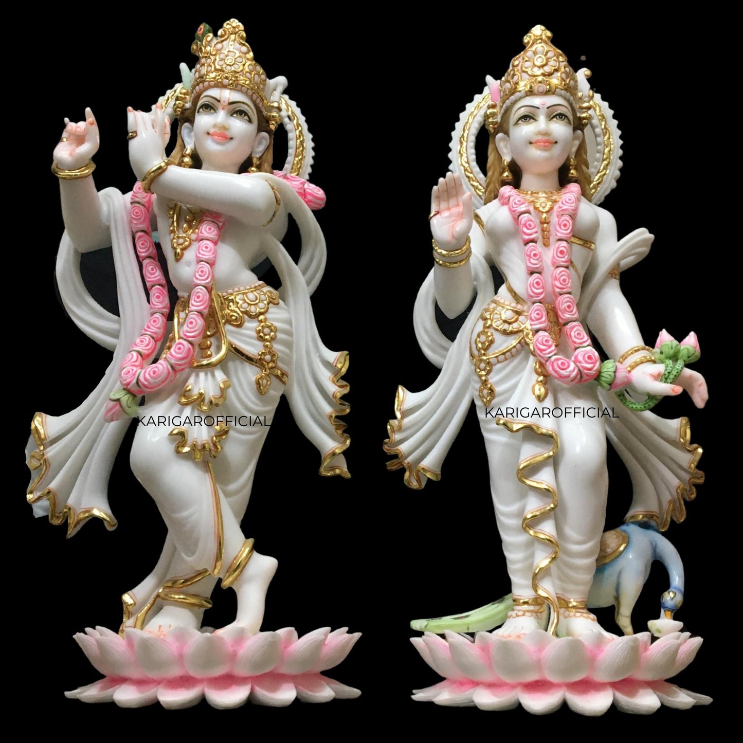 Radha Krishna Statue Standing on Lotus Flowers, Large 24 inches Murti in Gold Leaf Work White Gold Pink Accents Marble Radha Krishna idol, Hindu Divine Couple, Home Temple Wedding Housewarming Gifts