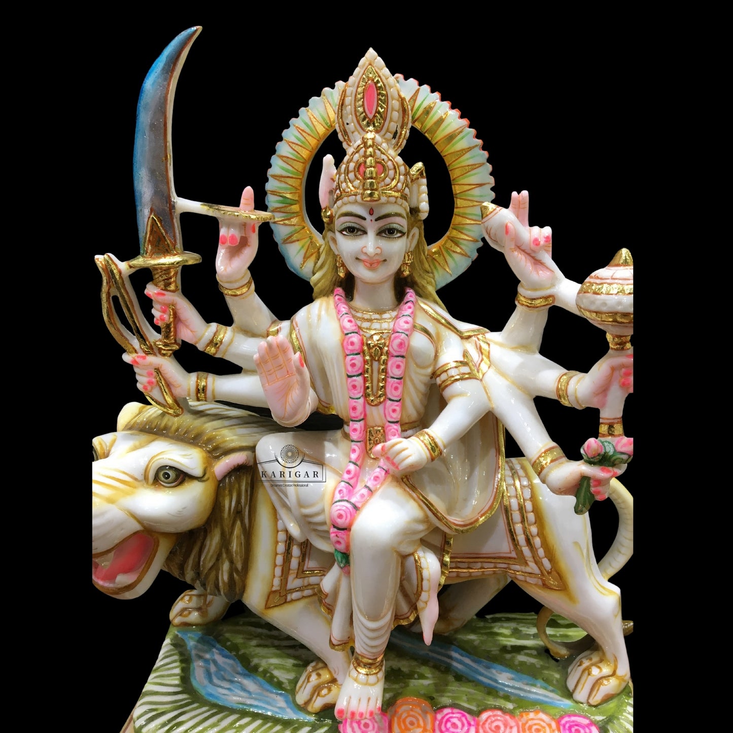 Estatua de Durga de 18.0 in de mármol grande Murti Shaila Putri Kali Escultura Durga con figuras de león Diosa hindú de la fuerza Amba Estatua para Navratri Puja Maa Sherawali Adi Shakti Decoración del templo indio