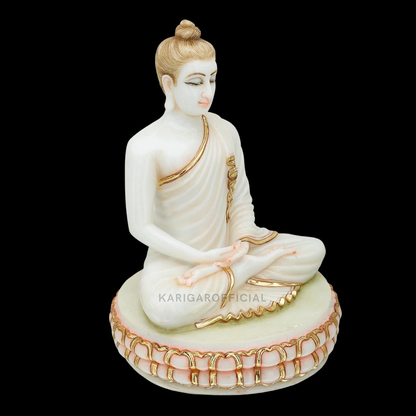 White Gold Marble Buddha Statue Meditating on Round Lotus Flower 12''