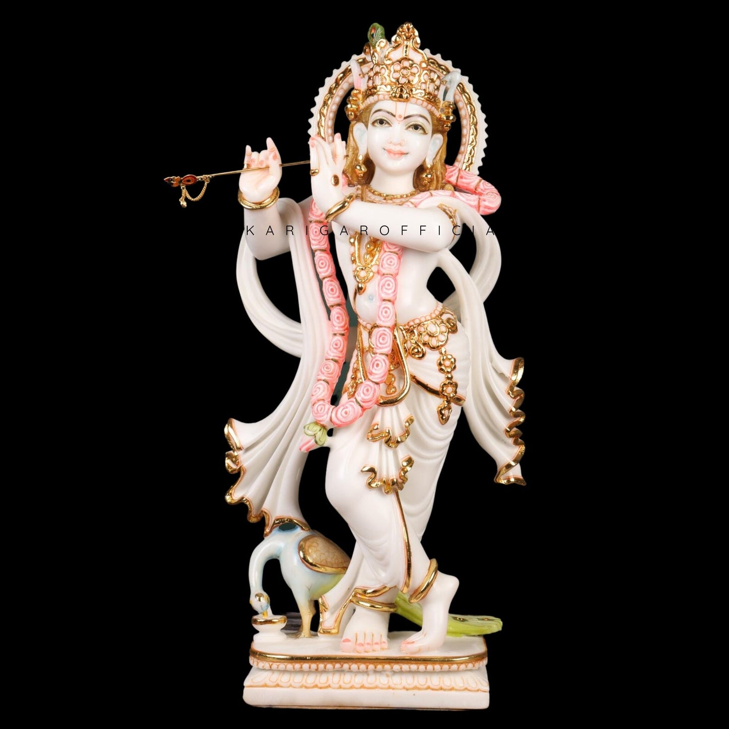 Estatua de Krishna, ídolo de Krishna grande de 24 pulgadas, figura de Krishna con acento rosa en oro blanco, dios hindú Murlimanohar Murti pintado a mano, escultura de Pooja del templo del hogar, regalo perfecto de aniversario de inauguración de la casa