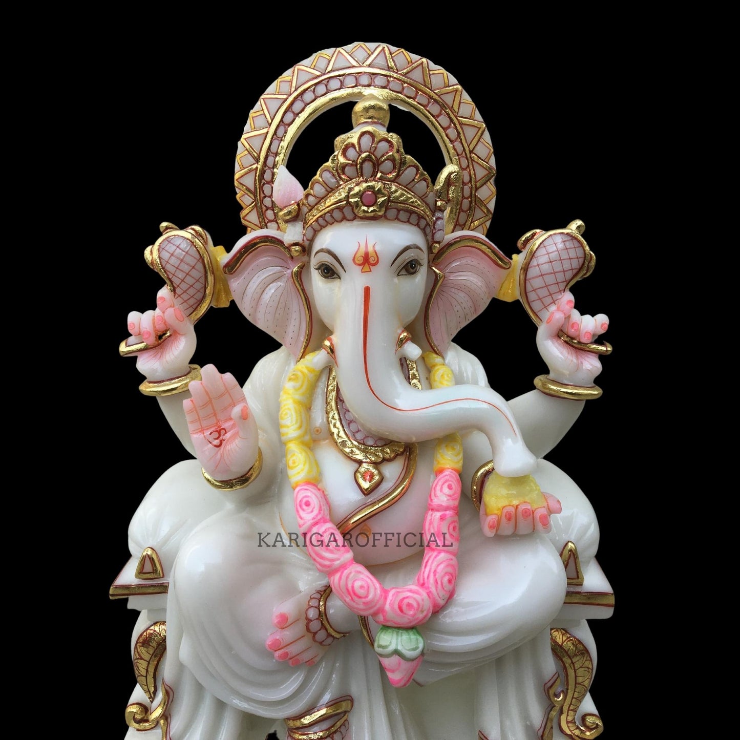 White Pink Garland Ganesha Statue Big 18'' Marble Hindu Elephant God