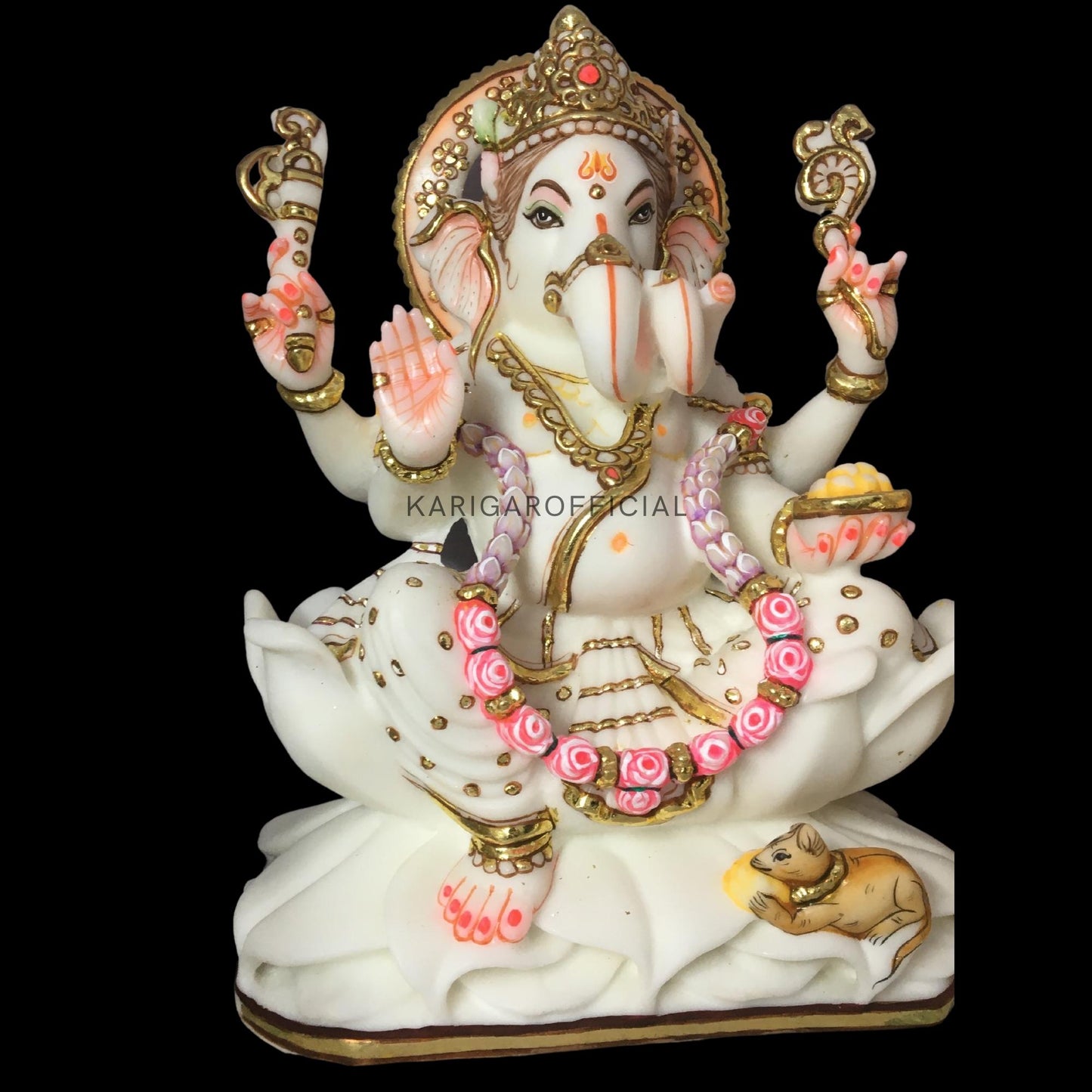 Ganesha Murti Statue, Large 12 inches White Marble Ganpati Figurine, Gold leaf Work Vinayak Deity Ganesha Statue Marble, Big White Elephant Head God Idol Home Decor Gift Sculpture Home First Ganesha
