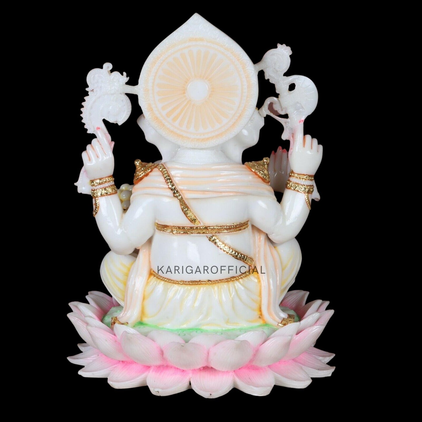 Ganesha Murti Statue Sitting on Lotus flower, Gold Leaf Ganpati Figurine, Large Marble Ganapati Idol Vinayak Deity, Large Indian White Elephant God, Housewarming Gifts Sculpture, (12 inches)