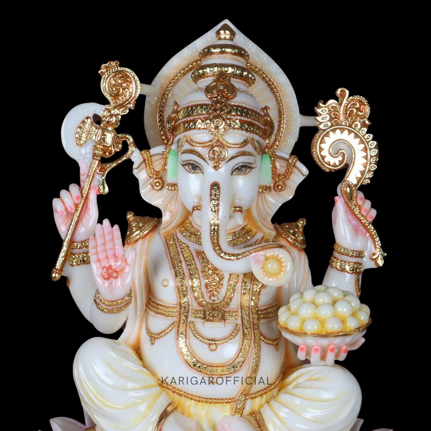 Ganesha Murti Statue Sitting on Lotus flower, Gold Leaf Ganpati Figurine, Large Marble Ganapati Idol Vinayak Deity, Large Indian White Elephant God, Housewarming Gifts Sculpture, (12 inches)