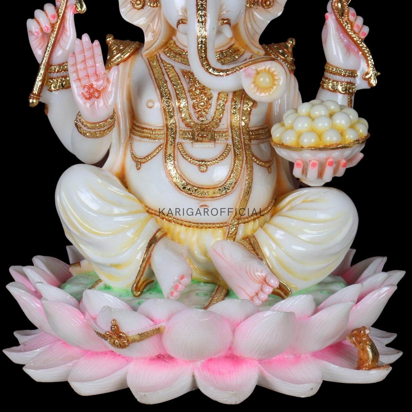 Ganesha Murti Statue Sitting on Lotus flower, Gold Leaf Ganpati Figurine, Large Marble Ganapati Idol Vinayak Deity, Large Indian White Elephant God, Housewarming Gifts Sculpture, (12 inches)