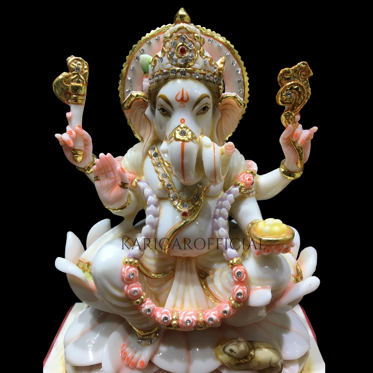 Estatua de Ganesha Murti sentada en una flor de loto - Figura grande de Ganpati con tachuelas de joyería de piedra de 12 pulgadas - Ídolo de Ganapati de mármol - Deidad Vinayak - Figura grande de dios elefante Escultura de regalos de inauguración