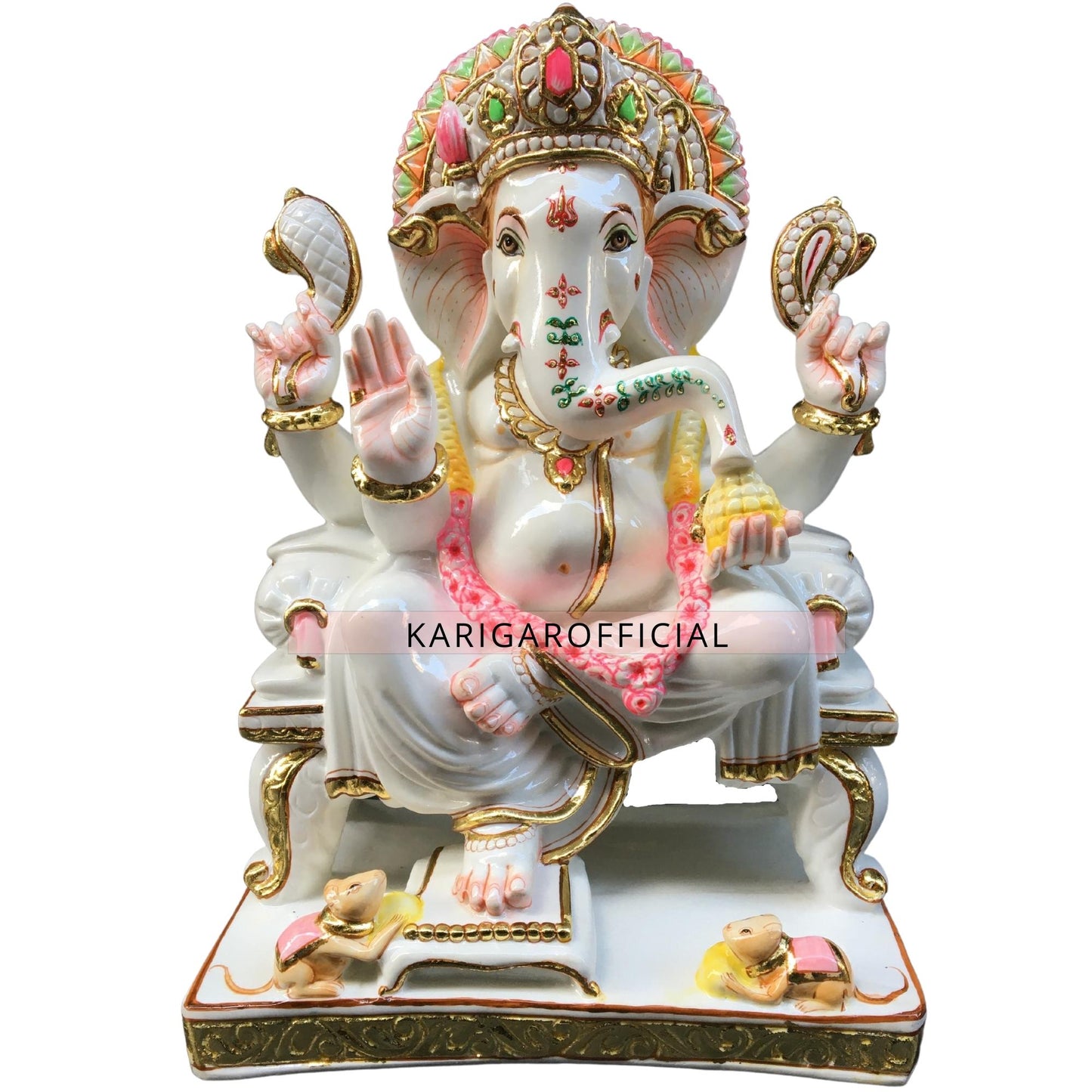 Estatua de Garland Ganesha sentada en Singhasan Ganapati de mármol de 18 pulgadas 