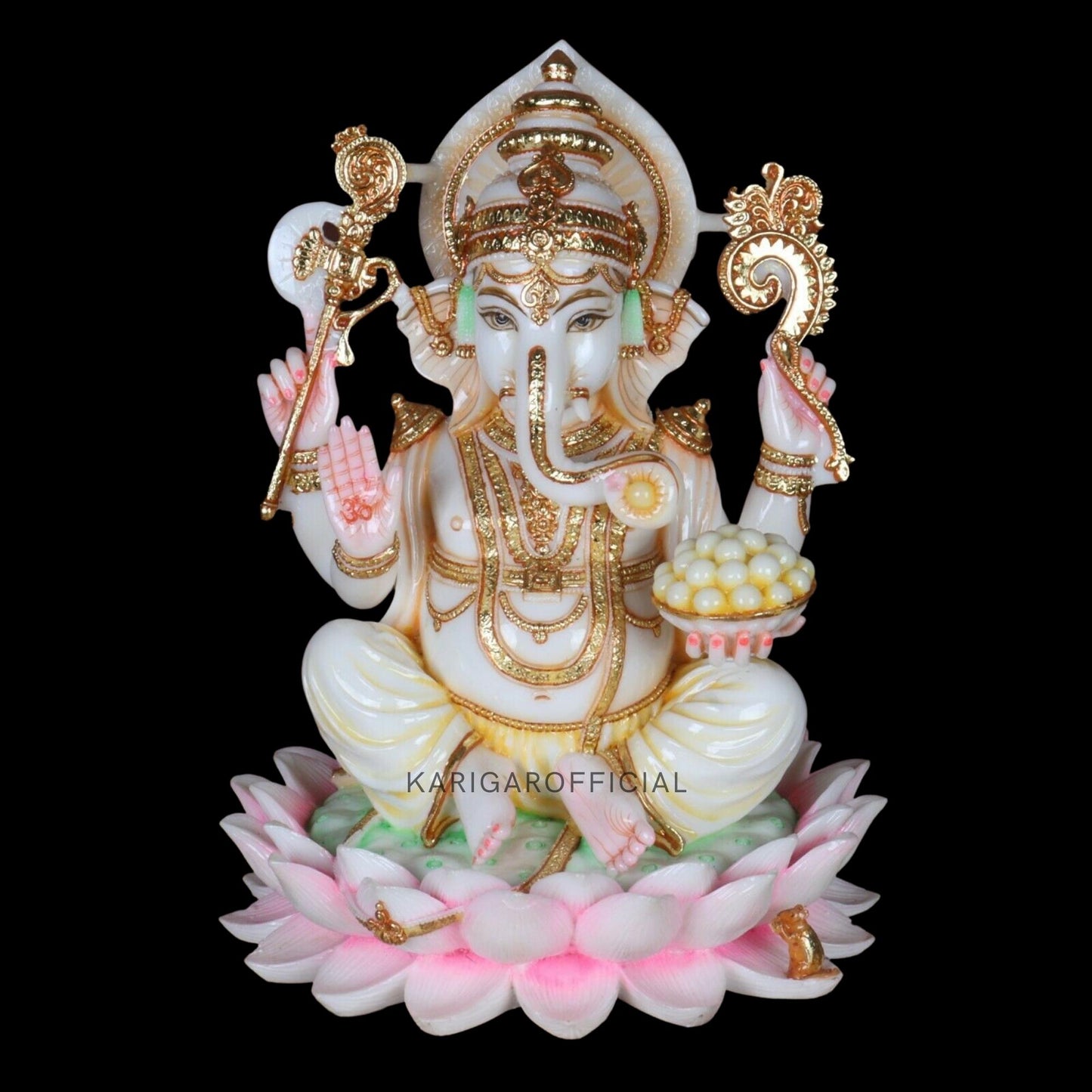 Ganesha Murti Statue Sitting on Lotus flower, Gold Leaf Ganpati Figurine, Large Marble Ganapati Idol Vinayak Deity, Large Indian White Elephant God, Housewarming Gifts Sculpture, (12 inches)