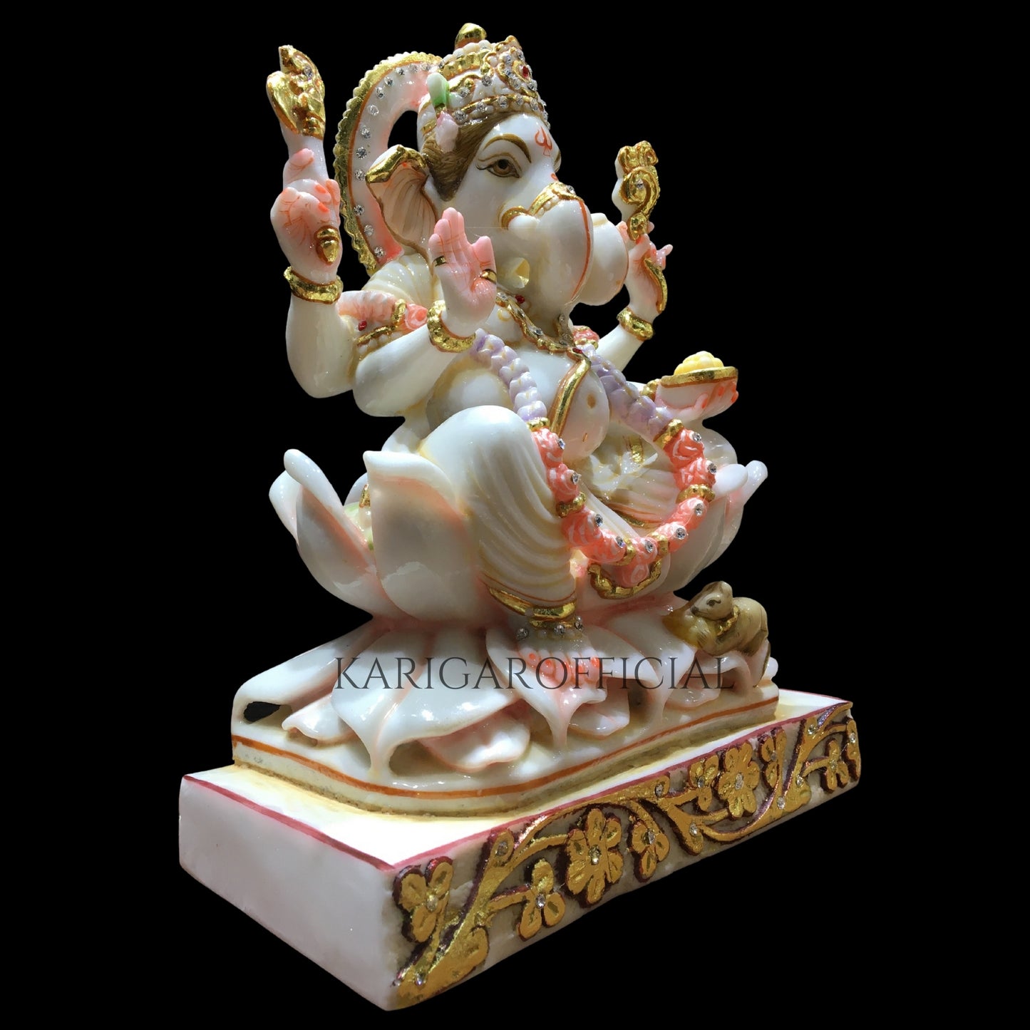 Estatua de Ganesha Murti sentada en una flor de loto - Figura grande de Ganpati con tachuelas de joyería de piedra de 12 pulgadas - Ídolo de Ganapati de mármol - Deidad Vinayak - Figura grande de dios elefante Escultura de regalos de inauguración