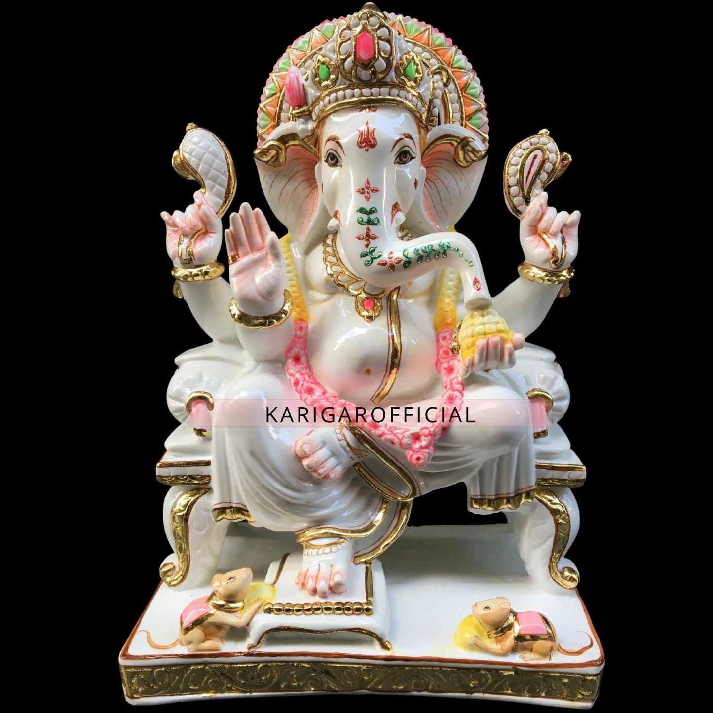 Estatua de Garland Ganesha sentada en Singhasan Ganapati de mármol de 18 pulgadas 