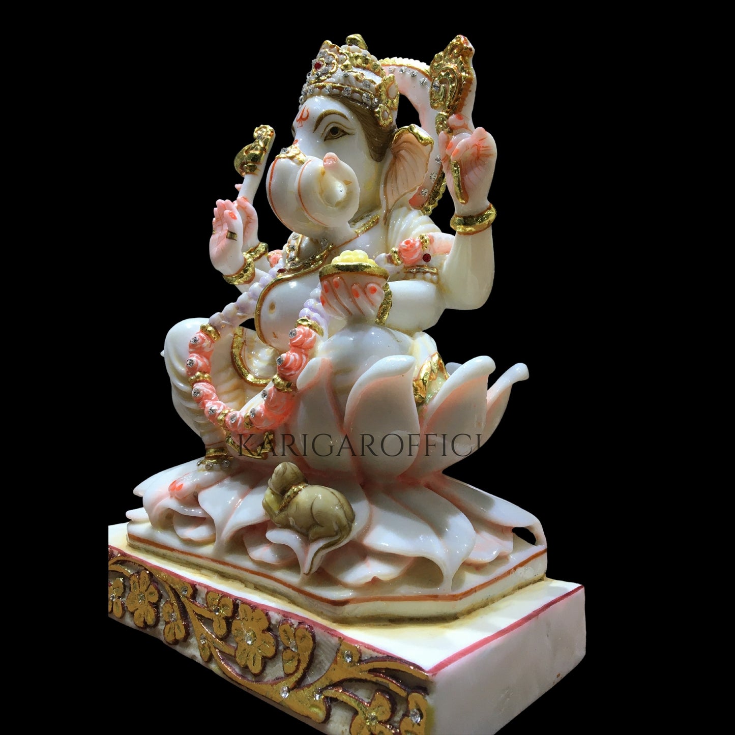 Estatua de Ganesha Murti sentada en una flor de loto - Figura grande de Ganpati con tachuelas de joyería de piedra de 12 pulgadas - Ídolo de Ganapati de mármol - Deidad Vinayak - Figura grande de dios elefante Escultura de regalos de inauguración