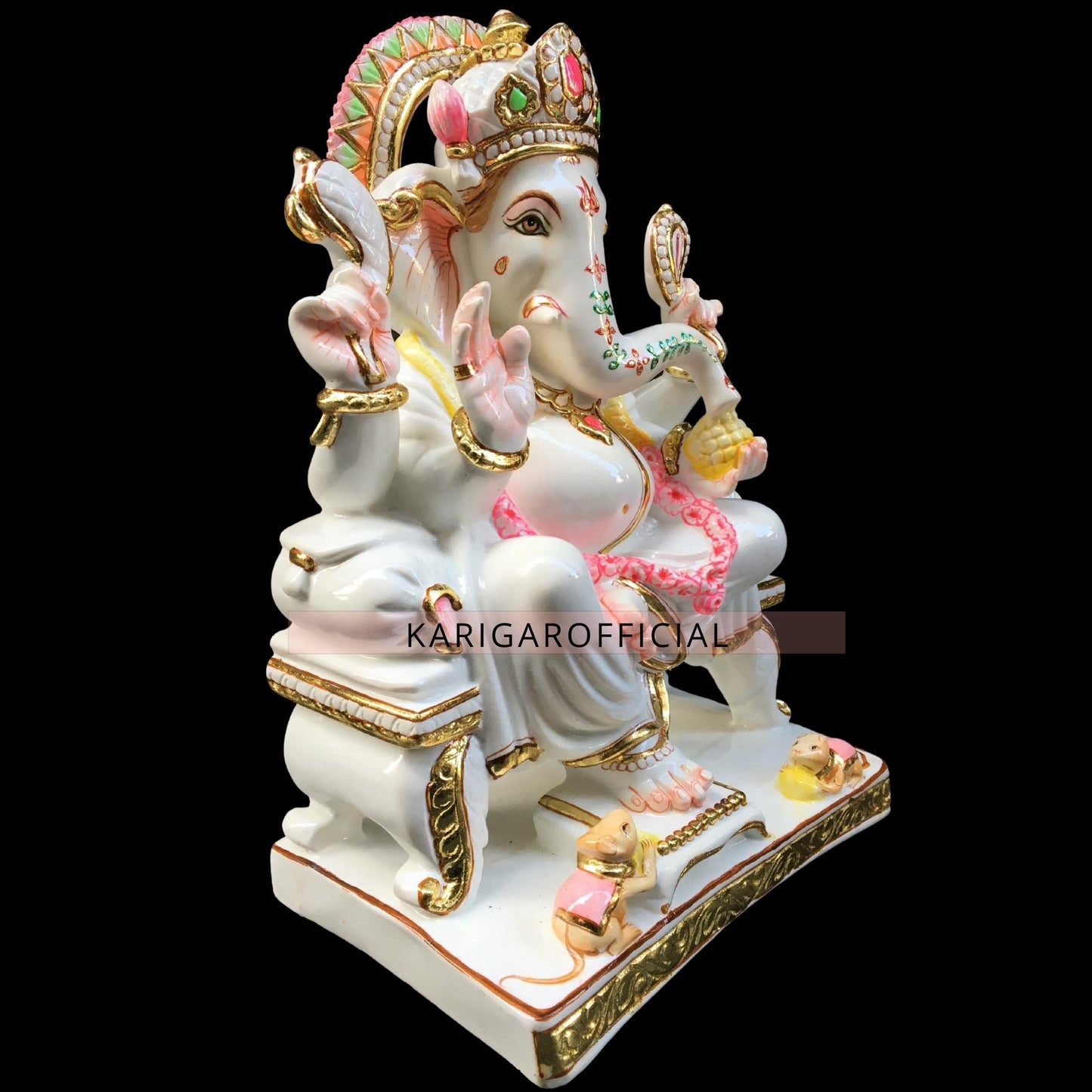 Estatua de Garland Ganesha sentada en Singhasan Ganapati de mármol de 18 pulgadas 