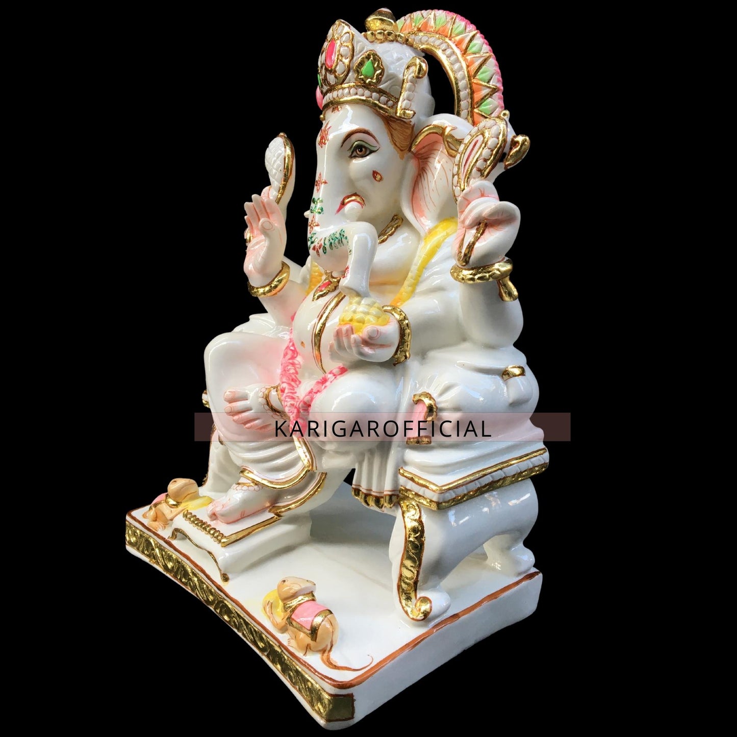 Estatua de Garland Ganesha sentada en Singhasan Ganapati de mármol de 18 pulgadas 