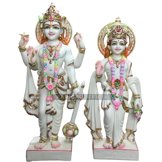 KARIGAROFFICIAL Vishnu Laxmi Statue Marble Murti White Gold Leaf Vishnu Deity Figurine Large 24 inches Vishnu Laksmi Marble Idol, Hindu Divine Couple Home Temple Wedding Anniversary Housewarming Gifts