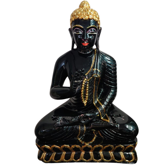 Black Gold Buddha Marble Statue Teaching Meditating on Lotus Base 18''