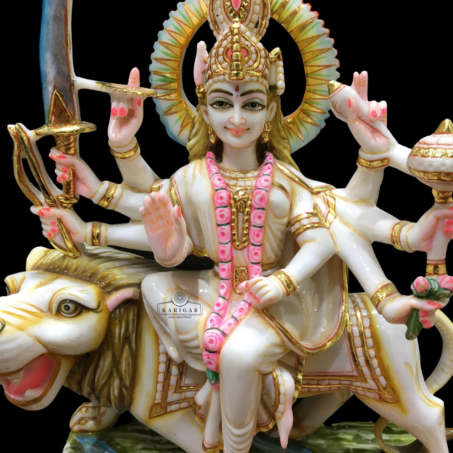 Estatua de Durga de 18.0 in de mármol grande Murti Shaila Putri Kali Escultura Durga con figuras de león Diosa hindú de la fuerza Amba Estatua para Navratri Puja Maa Sherawali Adi Shakti Decoración del templo indio