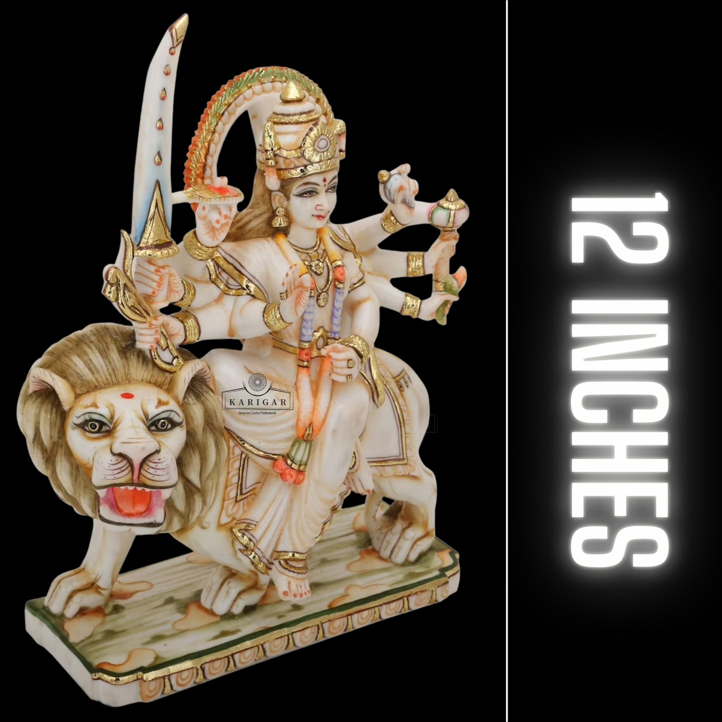 Durga Statue 12 inches Large Marble Murti Shaila Putri Kali Sculpture Durga with Lion Hindu Goddess of Strength Amba Statue for Navratri Puja Maa Sherawali Adi Shakti Indian Temple Decor