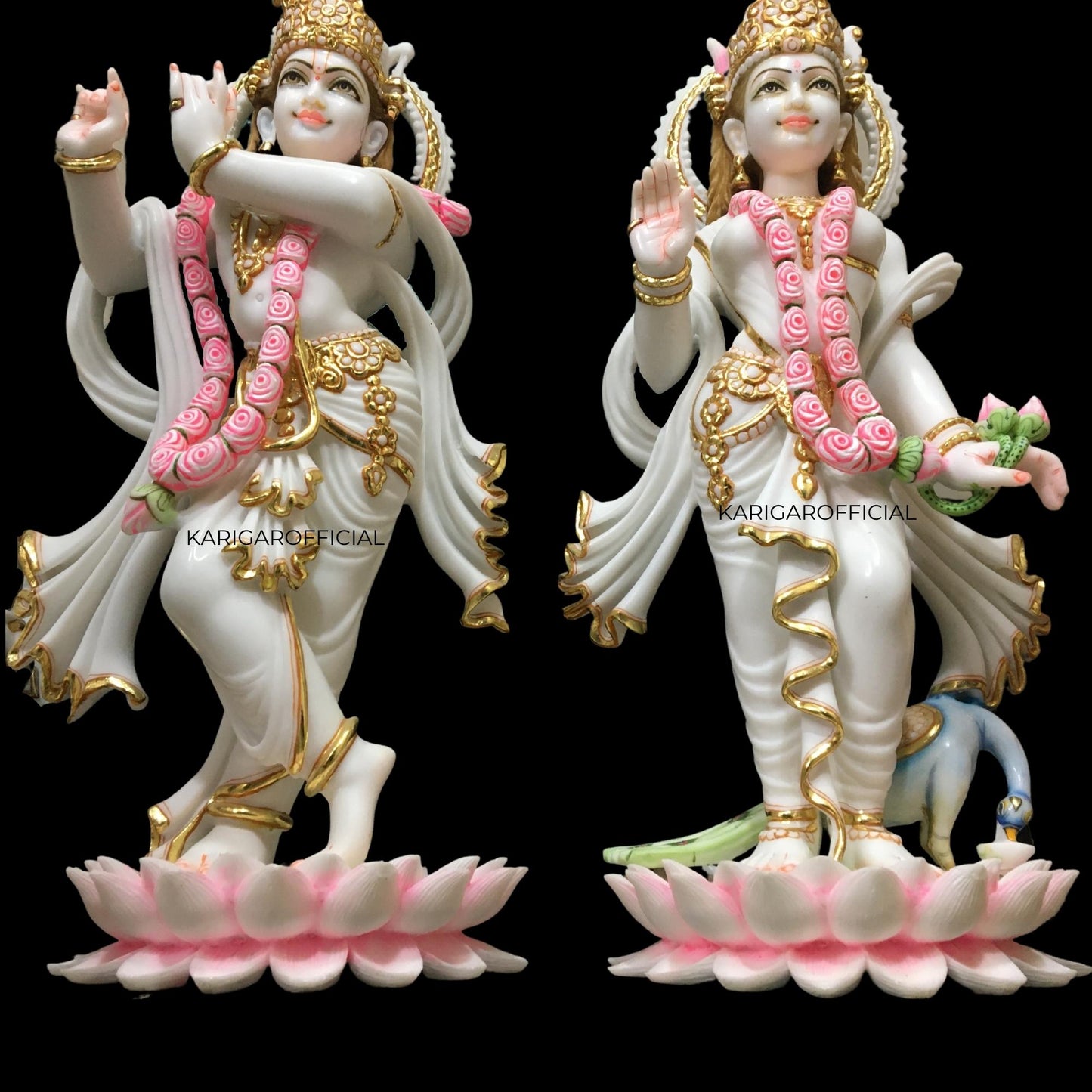 Radha Krishna Statue Standing on Lotus Flowers, Large 24 inches Murti in Gold Leaf Work White Gold Pink Accents Marble Radha Krishna idol, Hindu Divine Couple, Home Temple Wedding Housewarming Gifts