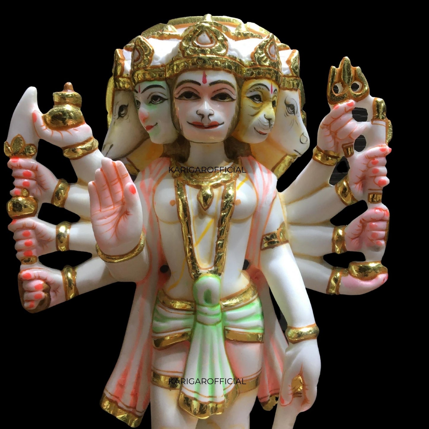 Panchmukhi Hanuman Statue, Multicolor 9 inches Hand Painted Marble Blessing 5 Faces Bajrang Bali Figurine, Powerlifter Hindu Monkey god of Devotion, Strength, Perfect for Small Home Temple Decoration