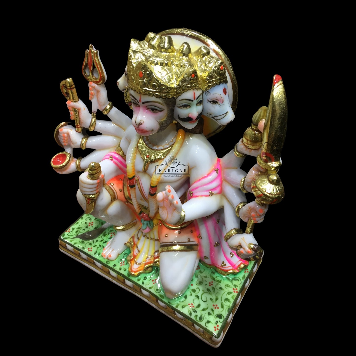 Hanuman Statue Murti 12 inches Large Gold Leaf Panchmukhi Hanuman Marble Blessing 5 Faces Hanuman Figurine Hanuman Hindu Monkey god of Devotion Power Energy Celibacy Bhakti Home Temple Gifts Sculpture