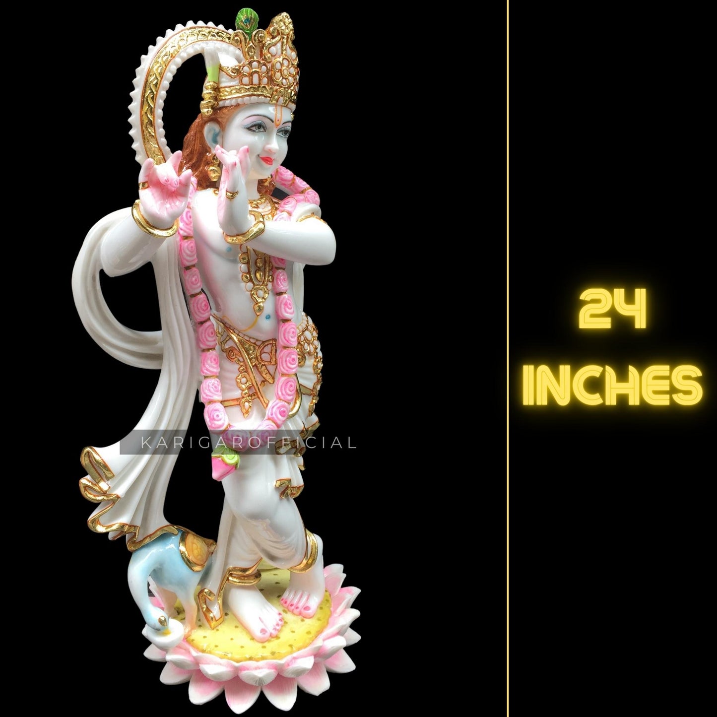 Estatua de Krishna Murti grande de 24.0 in Krishna Idol oro blanco rosa acento Krishna figura, dios hindú pintado a mano Murlimanohar Murti Home Temple Pooja escultura perfecta inauguración de la casa regalos de aniversario