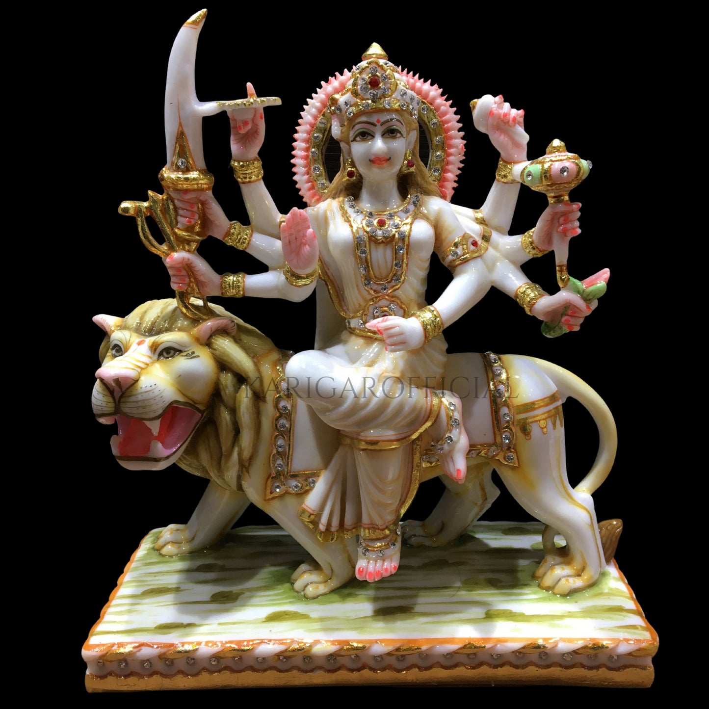 Durga Statue Murti Stone Jewelry Studded Large 12 inches Marble Maa Sherawali Figurine Hindu Goddess Amba Statue for Navratri Puja Adi Shakti Idol Home Temple Positive Energy Housewarming Sculpture