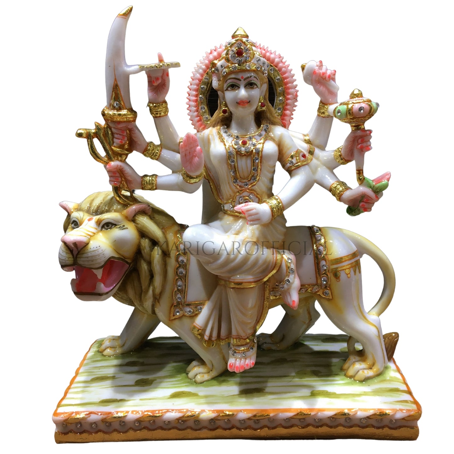 Durga Statue Murti Stone Jewelry Studded Large 12 inches Marble Maa Sherawali Figurine Hindu Goddess Amba Statue for Navratri Puja Adi Shakti Idol Home Temple Positive Energy Housewarming Sculpture