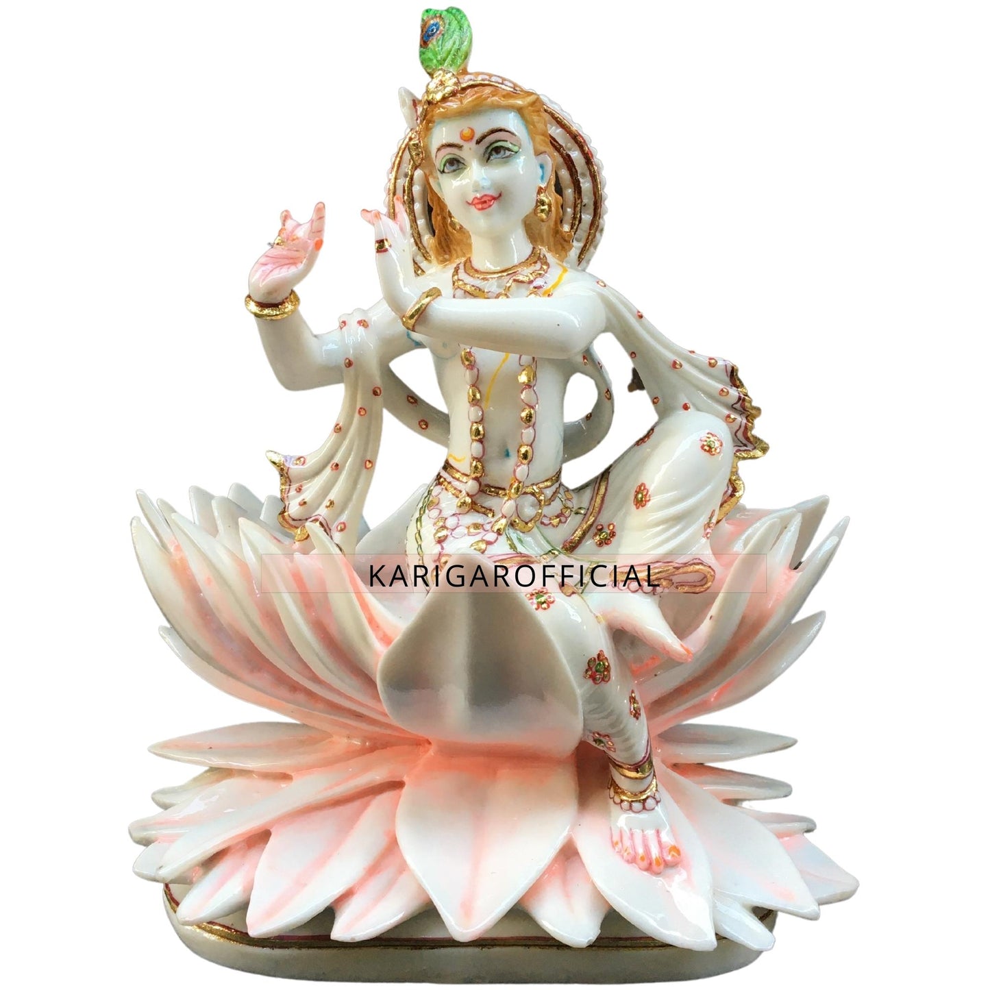 Krishna Statue Murti, Large 10 inches Marble Krishna Sitting on Pink Lotus Flower, Handpainted Krishna Idol for Home temple Pooja, Lotus Krishna Narayana Statue Housewarming Gifts Sculpture