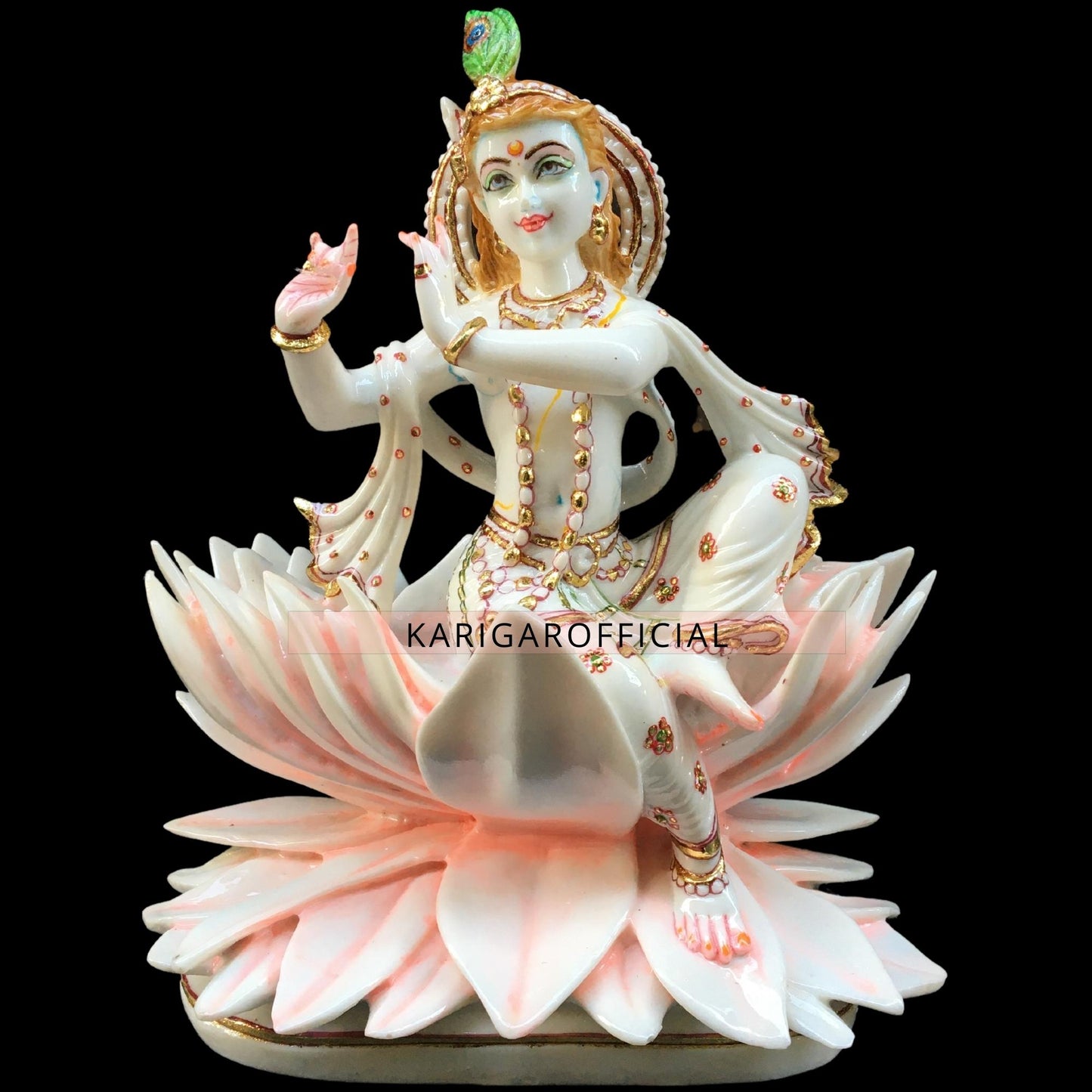 Krishna Statue Murti, Large 10 inches Marble Krishna Sitting on Pink Lotus Flower, Handpainted Krishna Idol for Home temple Pooja, Lotus Krishna Narayana Statue Housewarming Gifts Sculpture