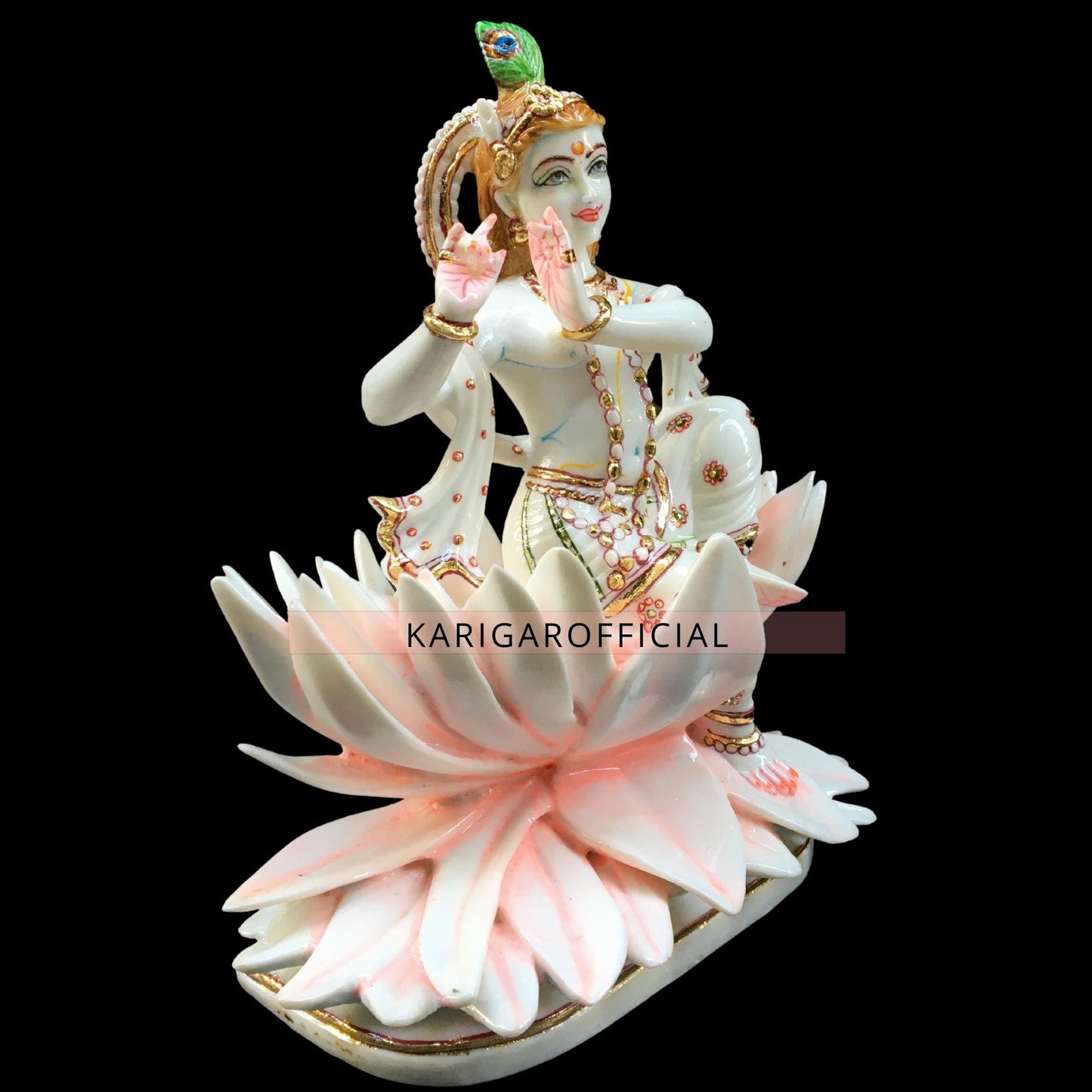 Krishna Statue Murti, Large 10 inches Marble Krishna Sitting on Pink Lotus Flower, Handpainted Krishna Idol for Home temple Pooja, Lotus Krishna Narayana Statue Housewarming Gifts Sculpture