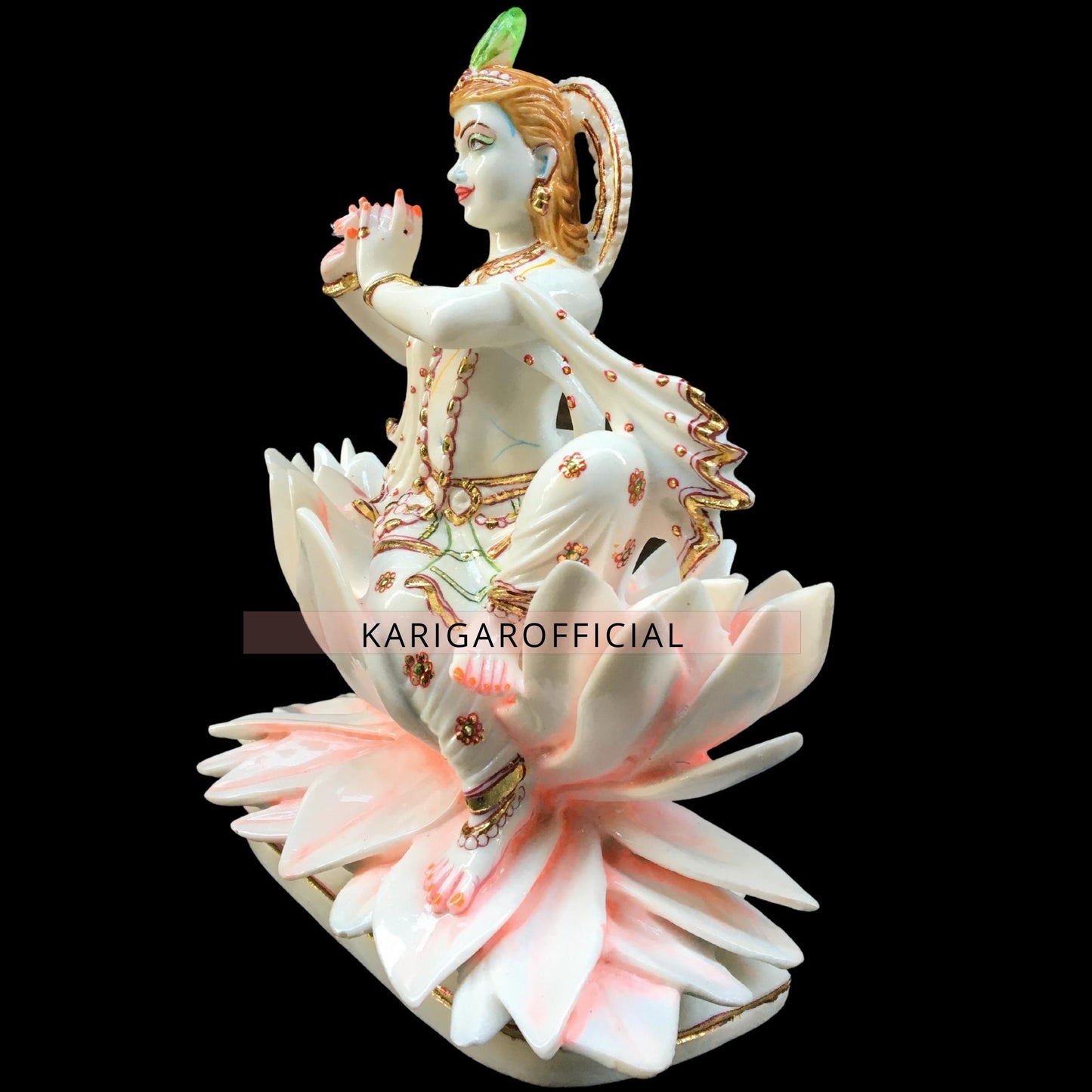 Krishna Statue Murti, Large 10 inches Marble Krishna Sitting on Pink Lotus Flower, Handpainted Krishna Idol for Home temple Pooja, Lotus Krishna Narayana Statue Housewarming Gifts Sculpture