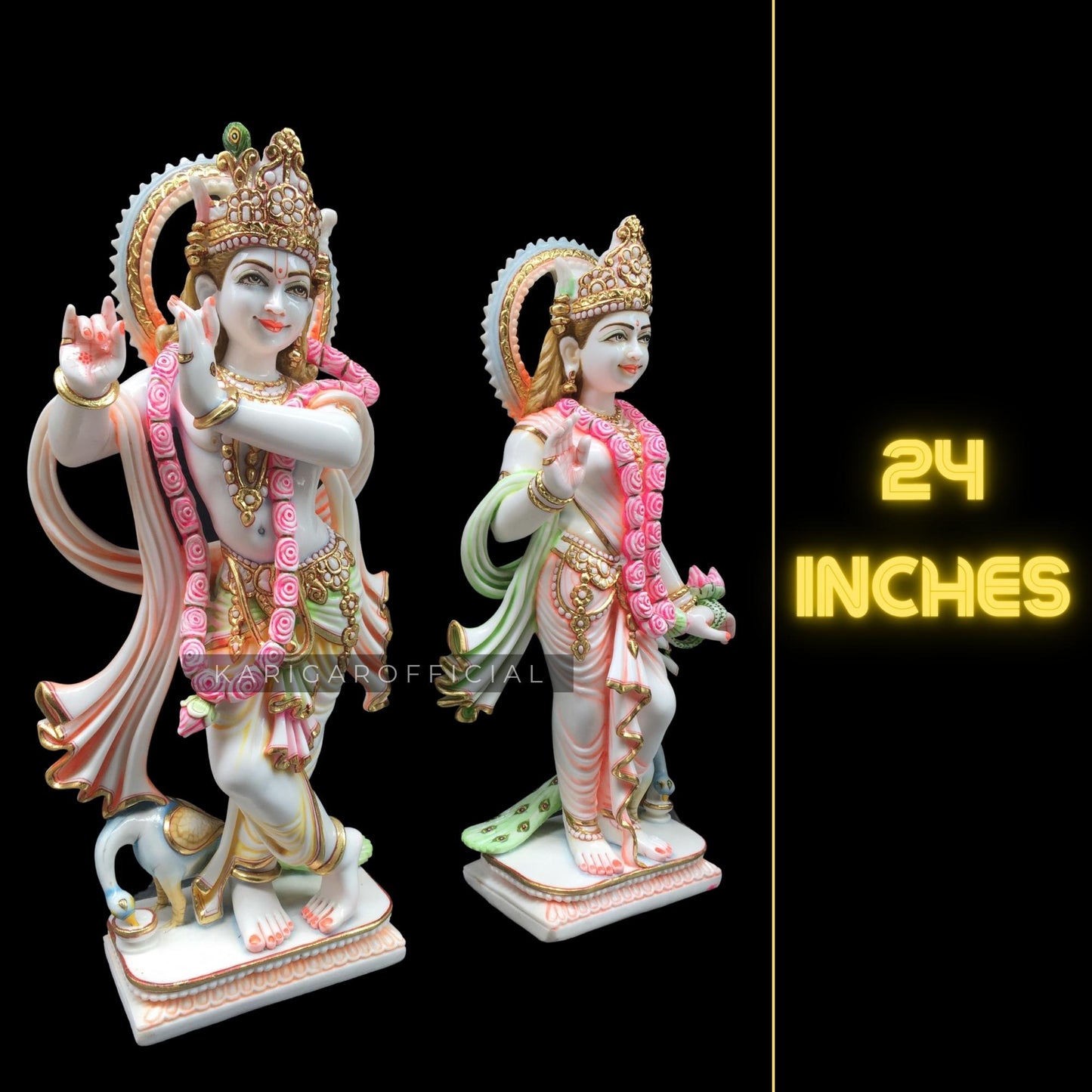 Radha Krishna Statue Murti Large 24 inches Murti in Royal Gold Leaf Work White Golden Pink Green Accents Marble RadhaKrishna idol Hindu Divine Love Couple Perfect Home Temple Wedding Housewarming Gift