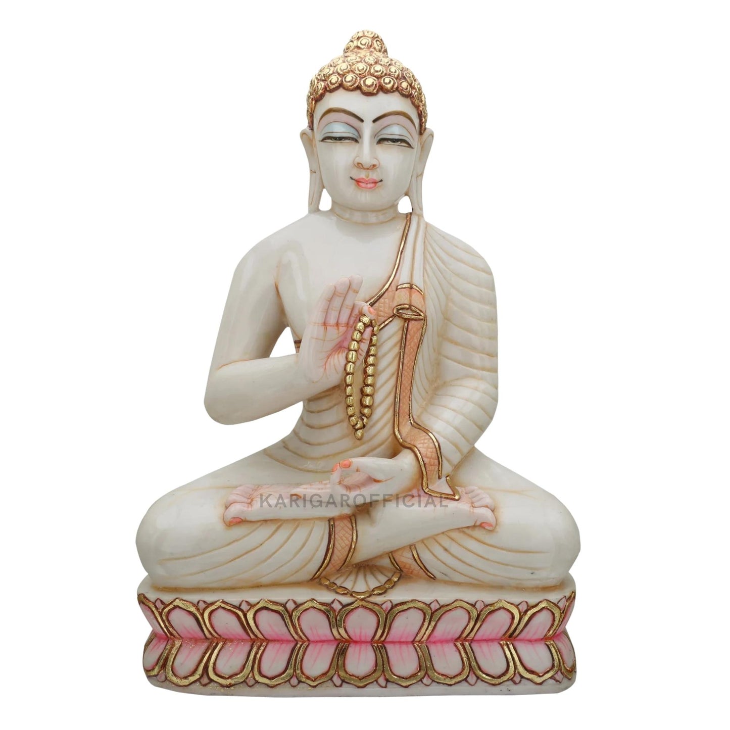 White Gold Buddha Marble Statue Teaching Meditating on Lotus Base 18''