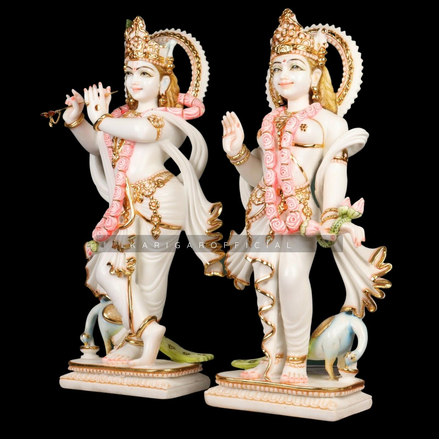 Radha Krishna Statue Standing With Peacock, Large 24 inches Murti in Royal Gold Leaf Work, White Golden Pink Accents Marble RadhaKrishna idol, Hindu Divine Couple Home Temple Wedding Housewarming Gift