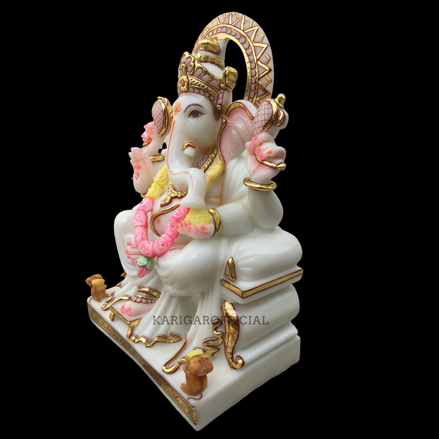 Blanco Rosa Guirnalda Ganesha Estatua Grande 18'' Mármol Hindú Elefante Dios