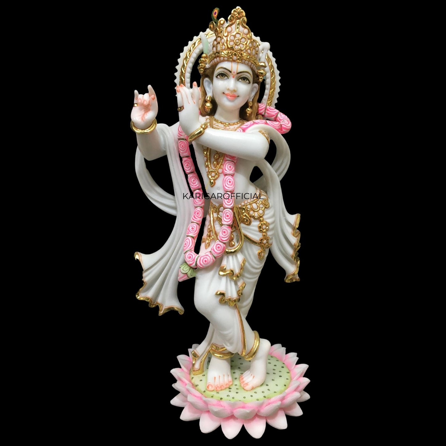 Radha Krishna Statue Standing on Lotus Flowers, Large 24 inches Murti in Gold Leaf Work White Gold Pink Accents Marble Radha Krishna idol, Hindu Divine Couple, Home Temple Wedding Housewarming Gifts