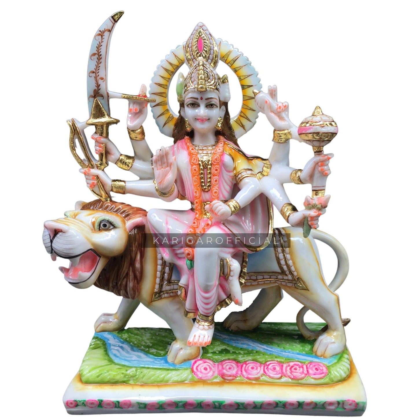 Estatua de Durga Murti Grande 18 pulgadas Figura de mármol Durga Shaila Putri Kali Escultura Amba Sentado en una estatua de león para Navratri Puja Maa Sherawali Adi Shakti Potente templo hindú en el hogar Regalo de inauguración de la casa