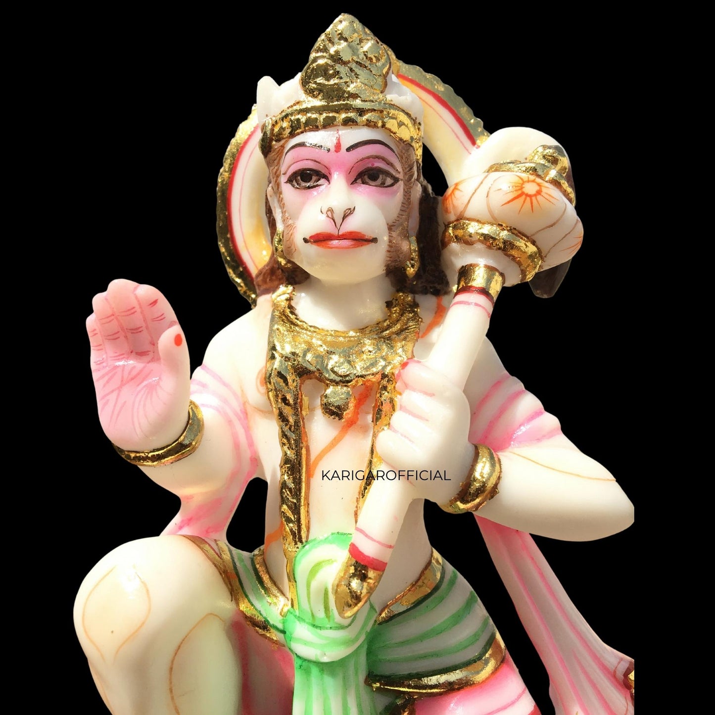 Hanuman Statue, Multicolor 8 inches Hand Painted Marble Blessing Bajrang Bali Figurine, Natural Powerlifter Hindu Monkey god of Devotion, Strength, Bhakti, Perfect for Small Home Temple Decoration