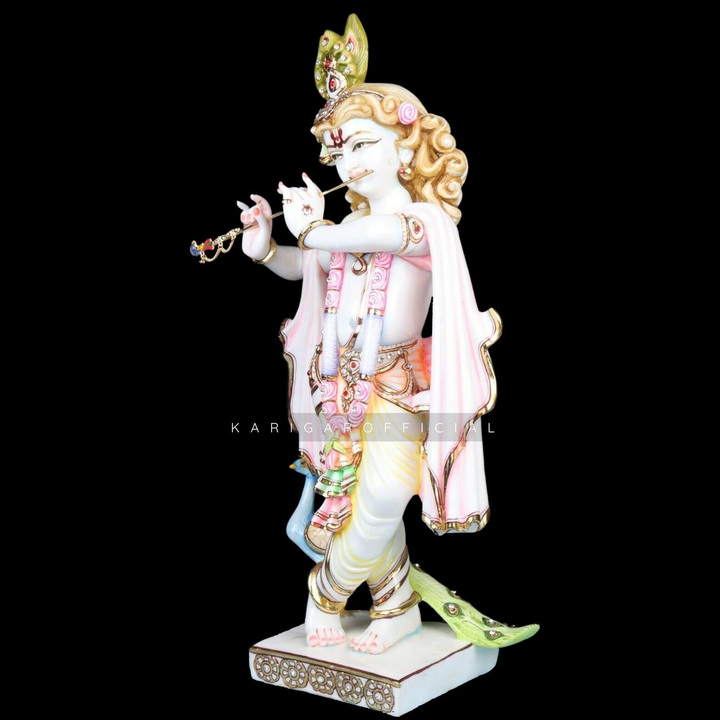 Estatua de Krishna, ídolo de Krishna rosa grande de 24 pulgadas, estatuilla de Krishna de mármol multicolor, dios hindú Murlimanohar Murti pintado a mano, escultura de Pooja del templo del hogar, regalos de aniversario de inauguración