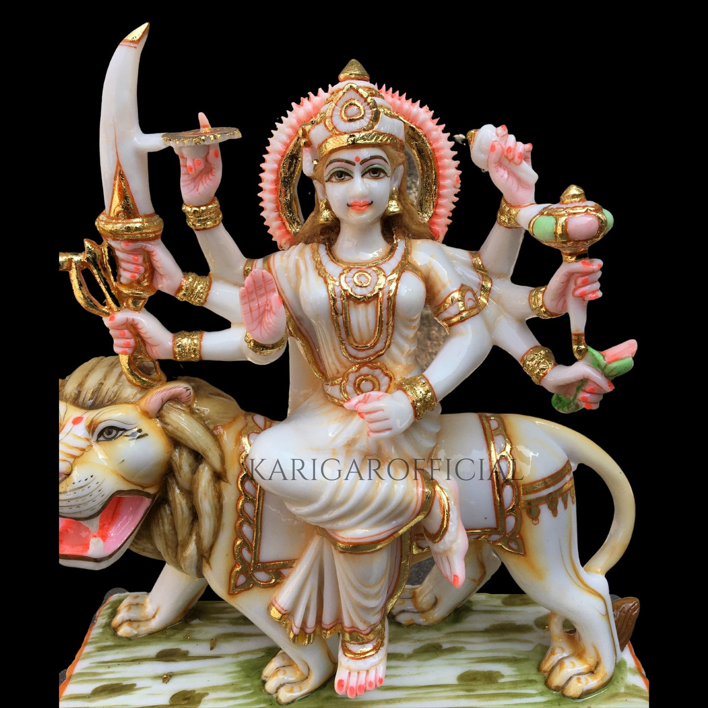 Durga Statue Murti Stone Jewelry Studded Large 12 inches Marble Maa Sherawali Figurine Hindu Goddess Amba Statue for Navratri Puja Adi Shakti Idol Home Temple Positive Energy Housewarming Sculpture